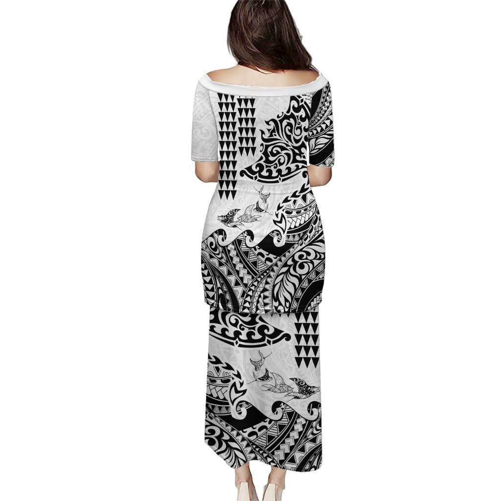 Hawaiian Tribal Manta Ray Family Matching Puletasi and Hawaiian Shirt Kakau Tattoo and Polynesian Art Motif Pattern