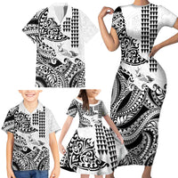 Hawaiian Tribal Manta Ray Family Matching Short Sleeve Bodycon Dress and Hawaiian Shirt Kakau Tattoo and Polynesian Art Motif Pattern