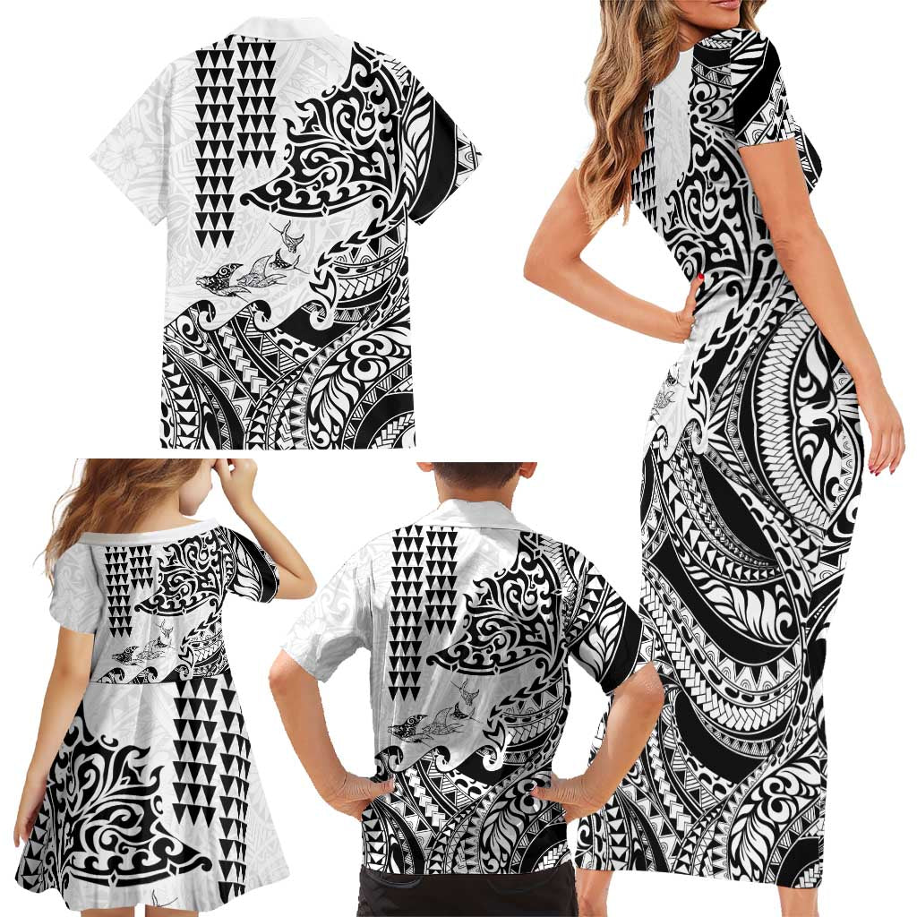 Hawaiian Tribal Manta Ray Family Matching Short Sleeve Bodycon Dress and Hawaiian Shirt Kakau Tattoo and Polynesian Art Motif Pattern