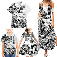 Hawaiian Tribal Manta Ray Family Matching Summer Maxi Dress and Hawaiian Shirt Kakau Tattoo and Polynesian Art Motif Pattern
