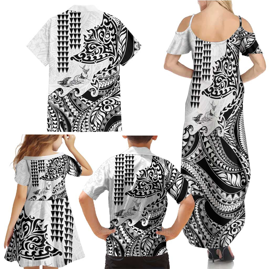 Hawaiian Tribal Manta Ray Family Matching Summer Maxi Dress and Hawaiian Shirt Kakau Tattoo and Polynesian Art Motif Pattern