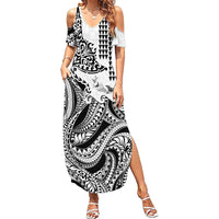 Hawaiian Tribal Manta Ray Family Matching Summer Maxi Dress and Hawaiian Shirt Kakau Tattoo and Polynesian Art Motif Pattern