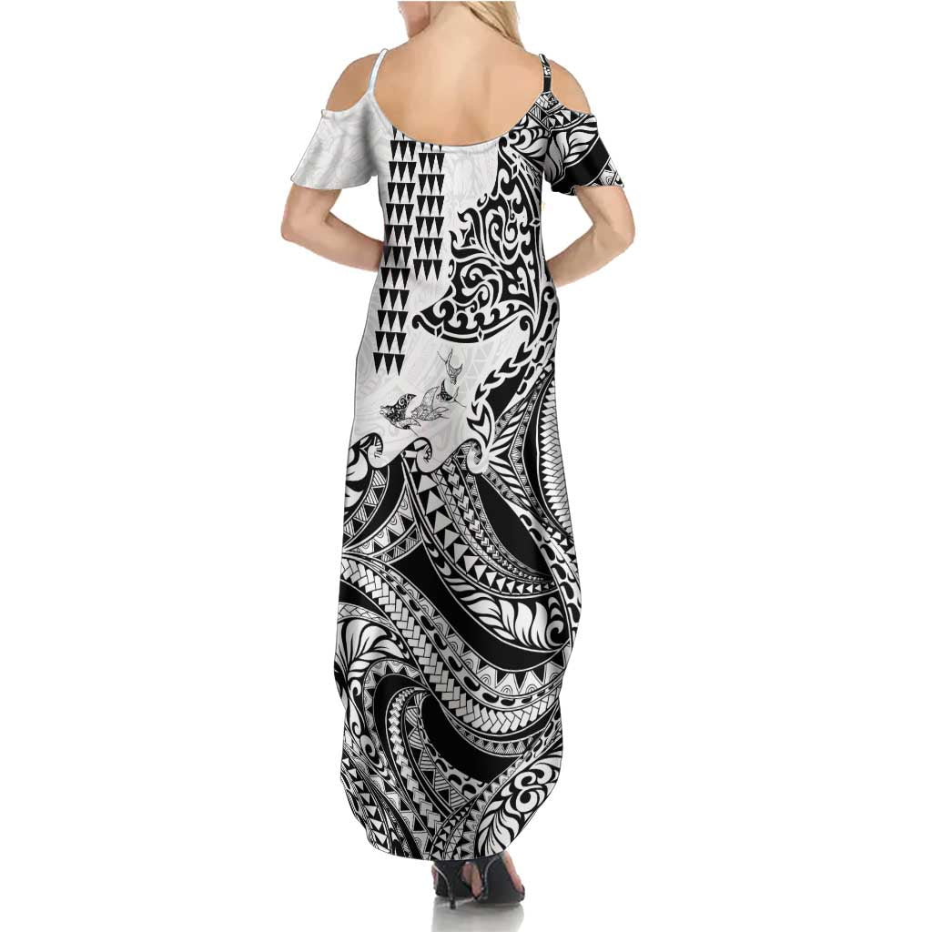 Hawaiian Tribal Manta Ray Family Matching Summer Maxi Dress and Hawaiian Shirt Kakau Tattoo and Polynesian Art Motif Pattern