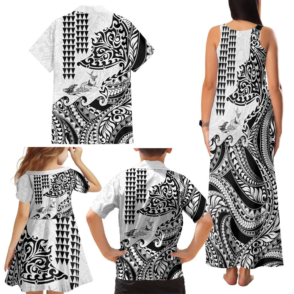 Hawaiian Tribal Manta Ray Family Matching Tank Maxi Dress and Hawaiian Shirt Kakau Tattoo and Polynesian Art Motif Pattern