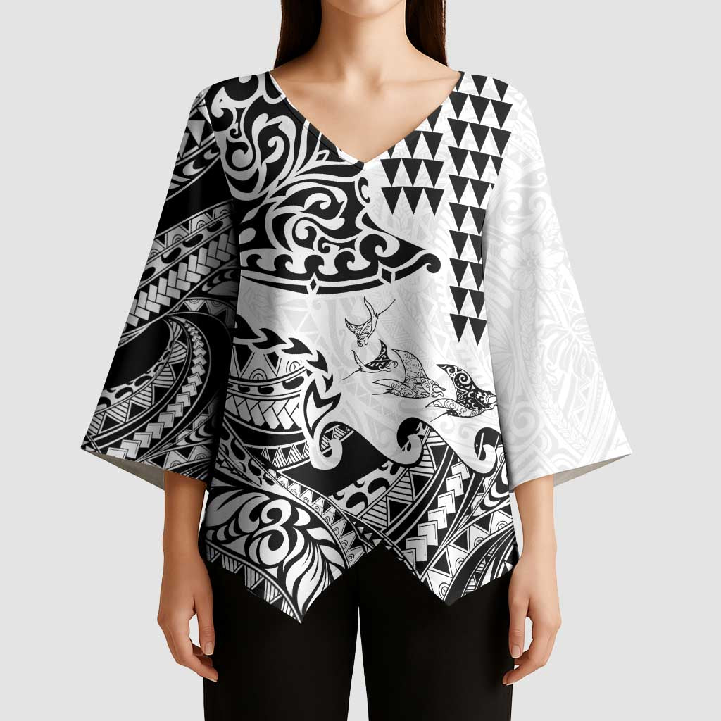 Hawaiian Tribal Manta Ray Kimono Sleeve Blouse Kakau Tattoo and Polynesian Art Motif Pattern LT03 - Polynesian Pride
