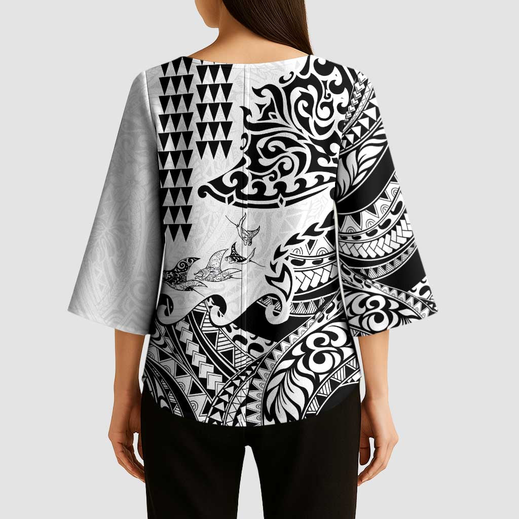 Hawaiian Tribal Manta Ray Kimono Sleeve Blouse Kakau Tattoo and Polynesian Art Motif Pattern LT03 - Polynesian Pride
