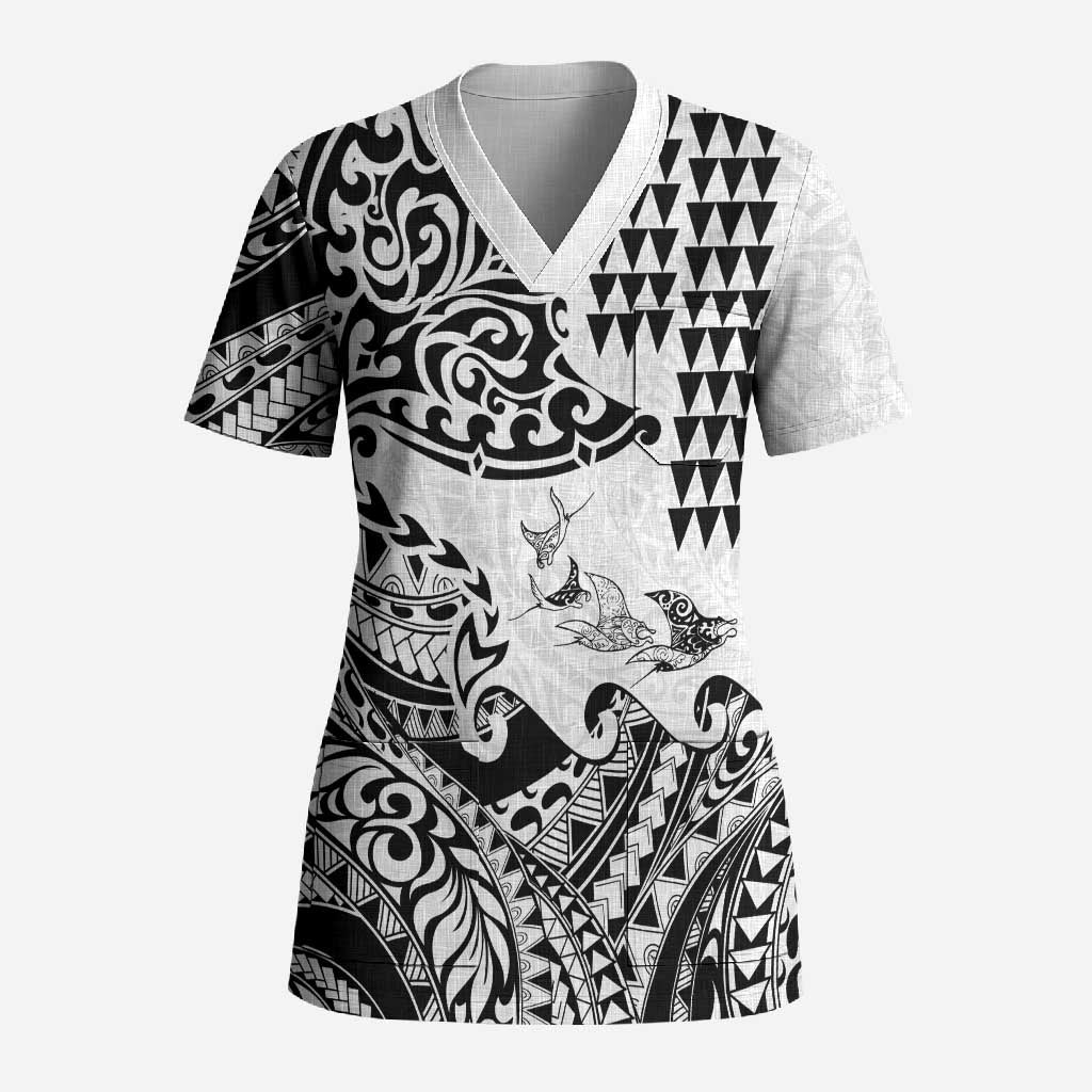 Hawaiian Tribal Manta Ray Scrub Top Kakau Tattoo and Polynesian Art Motif Pattern