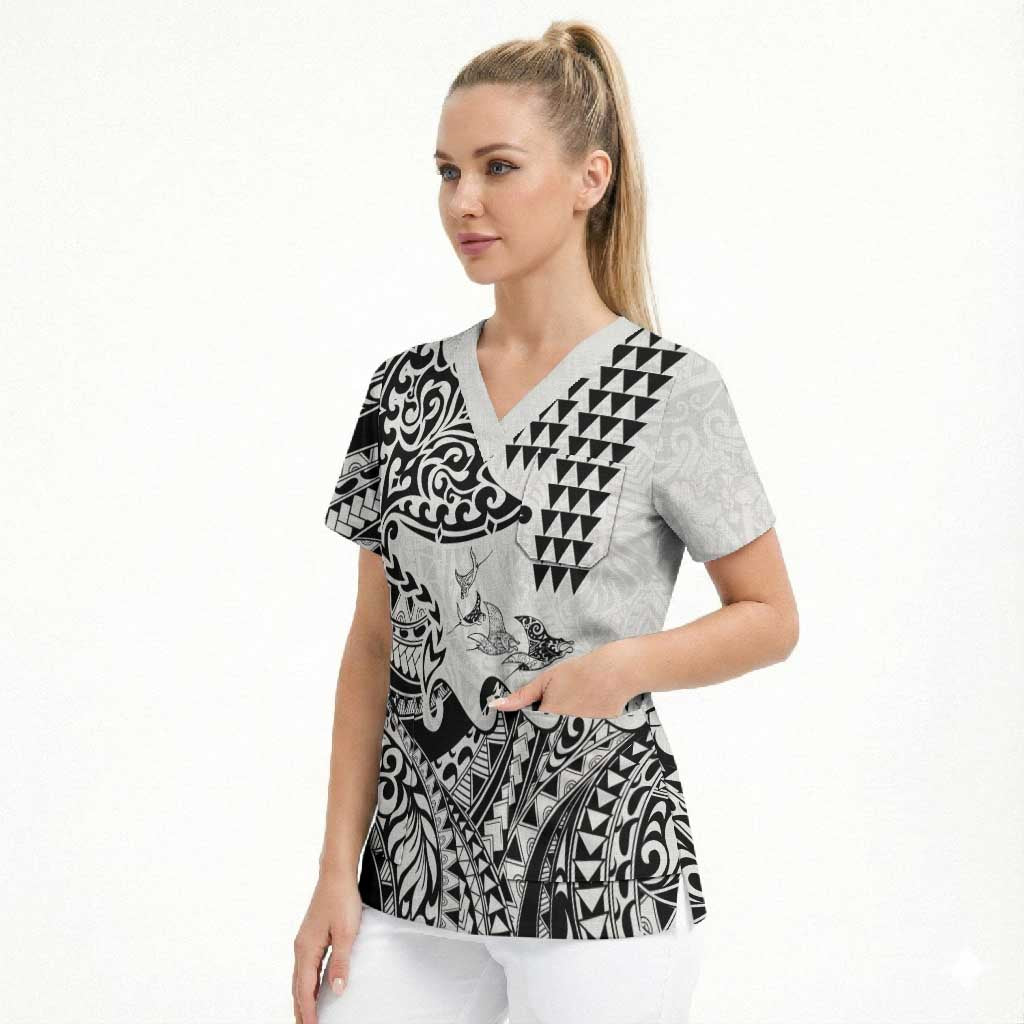 Hawaiian Tribal Manta Ray Scrub Top Kakau Tattoo and Polynesian Art Motif Pattern