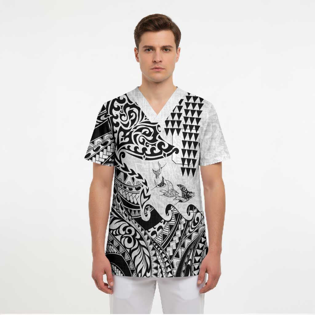 Hawaiian Tribal Manta Ray Scrub Top Kakau Tattoo and Polynesian Art Motif Pattern
