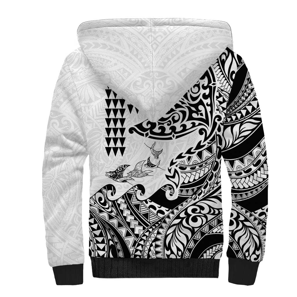 Hawaiian Tribal Manta Ray Sherpa Hoodie Kakau Tattoo and Polynesian Art Motif Pattern