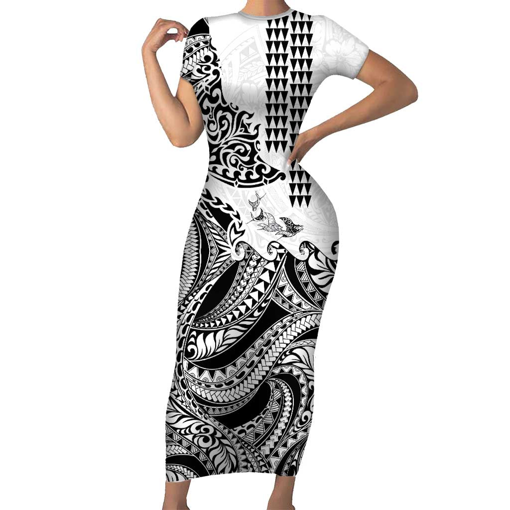 Hawaiian Tribal Manta Ray Short Sleeve Bodycon Dress Kakau Tattoo and Polynesian Art Motif Pattern