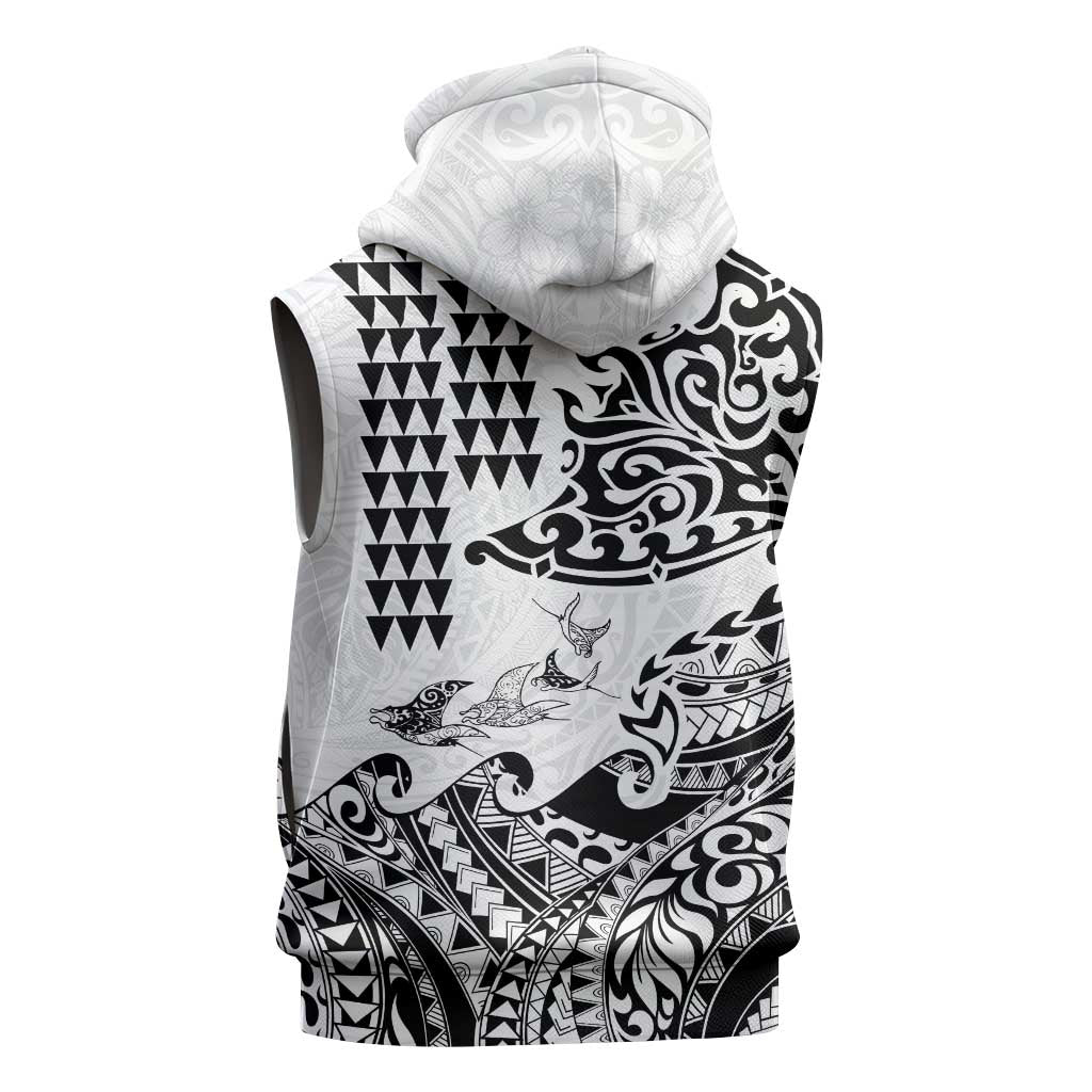 Hawaiian Tribal Manta Ray Sleeveless Hoodie Kakau Tattoo and Polynesian Art Motif Pattern