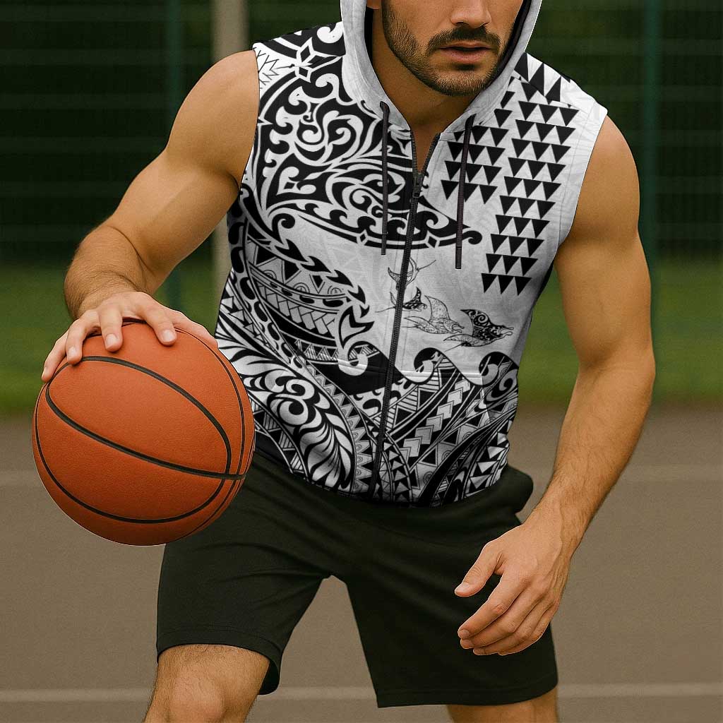 Hawaiian Tribal Manta Ray Sleeveless Zip Hoodie Kakau Tattoo and Polynesian Art Motif Pattern