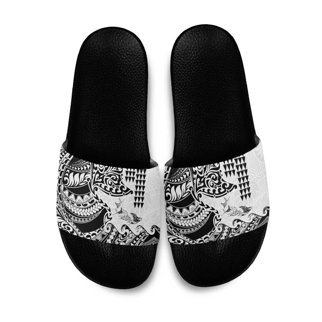Hawaiian Tribal Manta Ray Slide Sandals Kakau Tattoo and Polynesian Art Motif Pattern