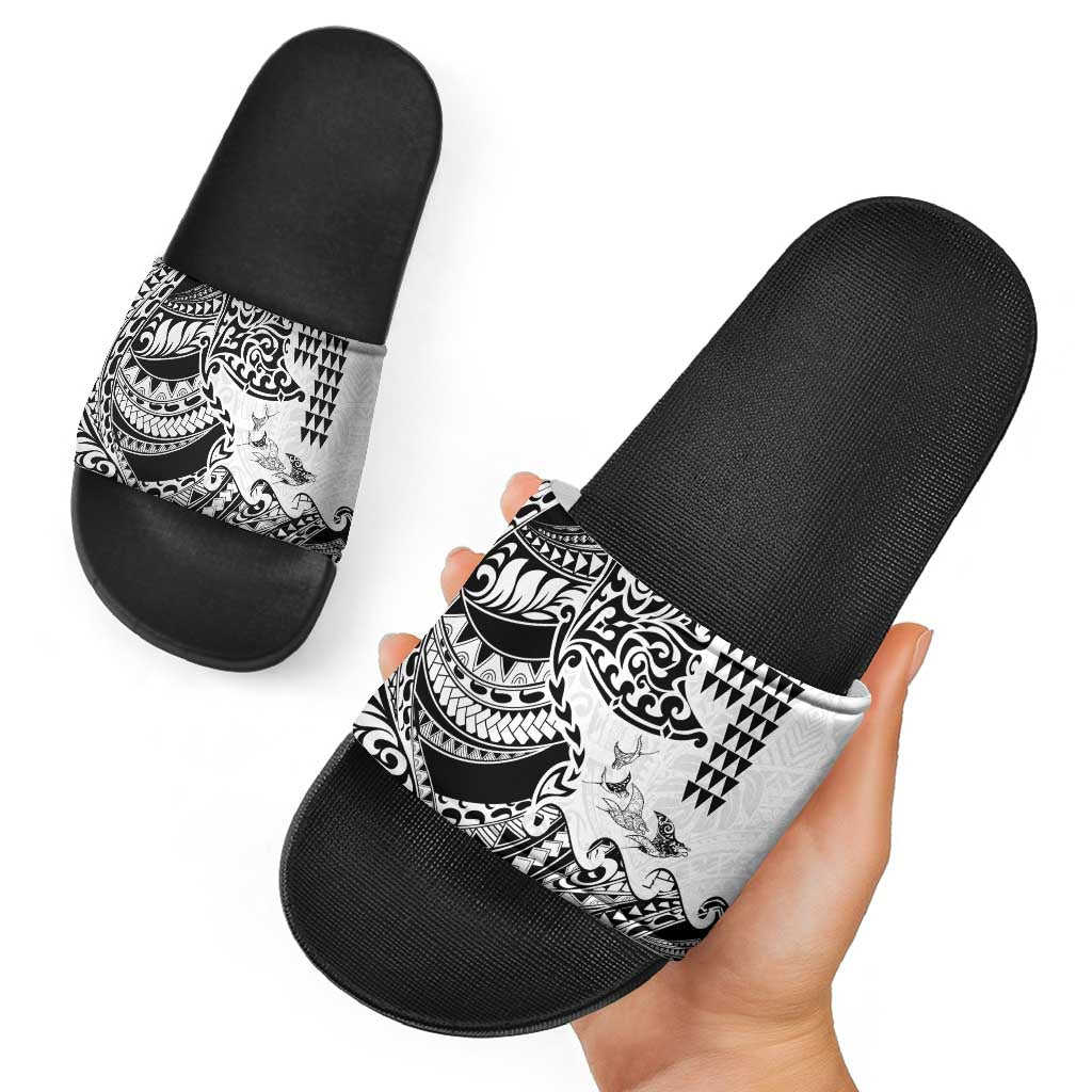 Hawaiian Tribal Manta Ray Slide Sandals Kakau Tattoo and Polynesian Art Motif Pattern