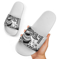 Hawaiian Tribal Manta Ray Slide Sandals Kakau Tattoo and Polynesian Art Motif Pattern