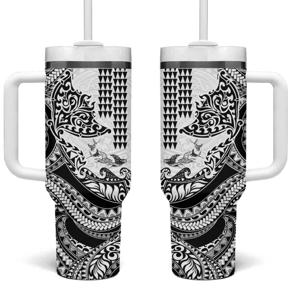 Hawaiian Tribal Manta Ray Tumbler With Handle Kakau Tattoo and Polynesian Art Motif Pattern LT03 One Size: 40 oz Multicolor - Polynesian Pride
