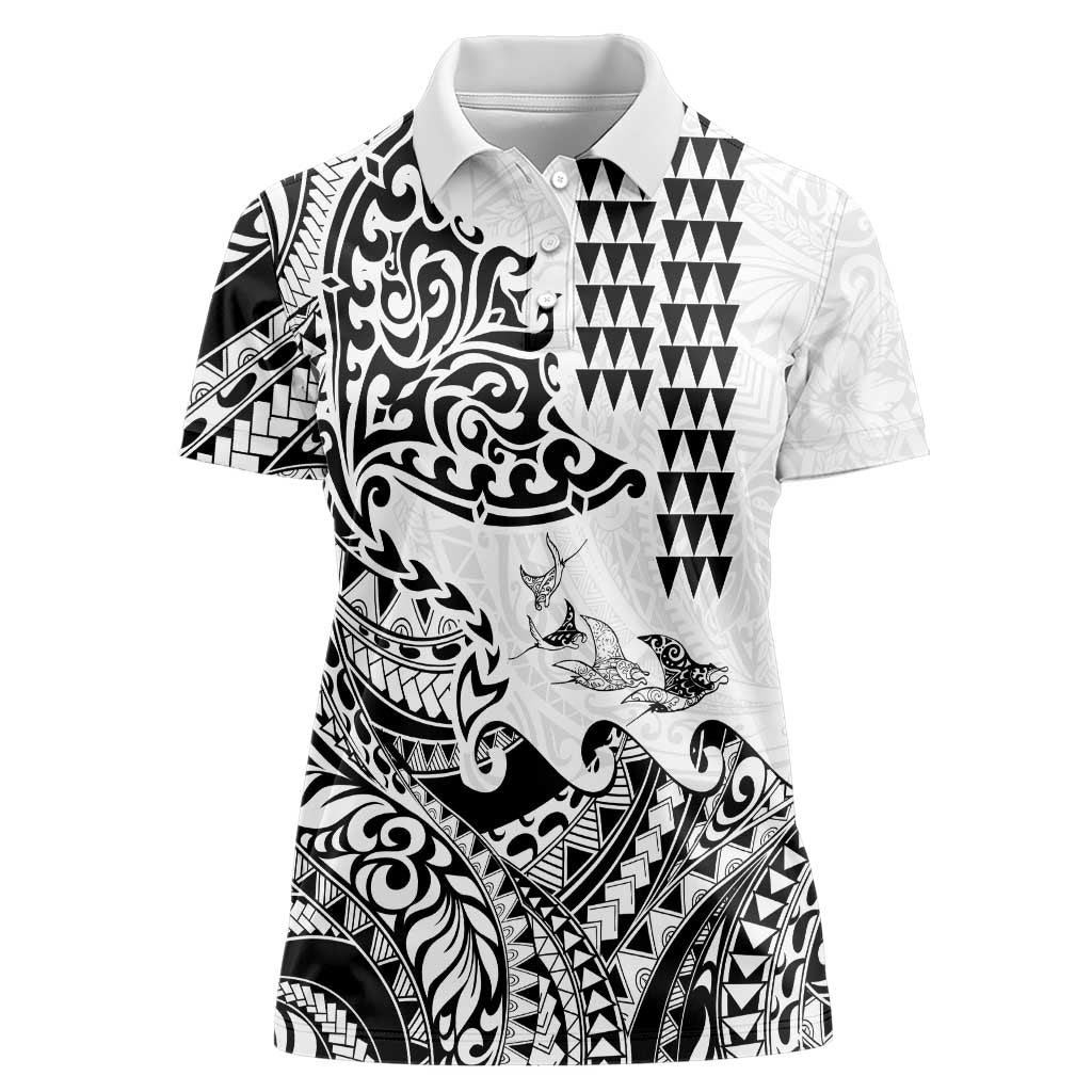 Hawaiian Tribal Manta Ray Women Polo Shirt Kakau Tattoo and Polynesian Art Motif Pattern