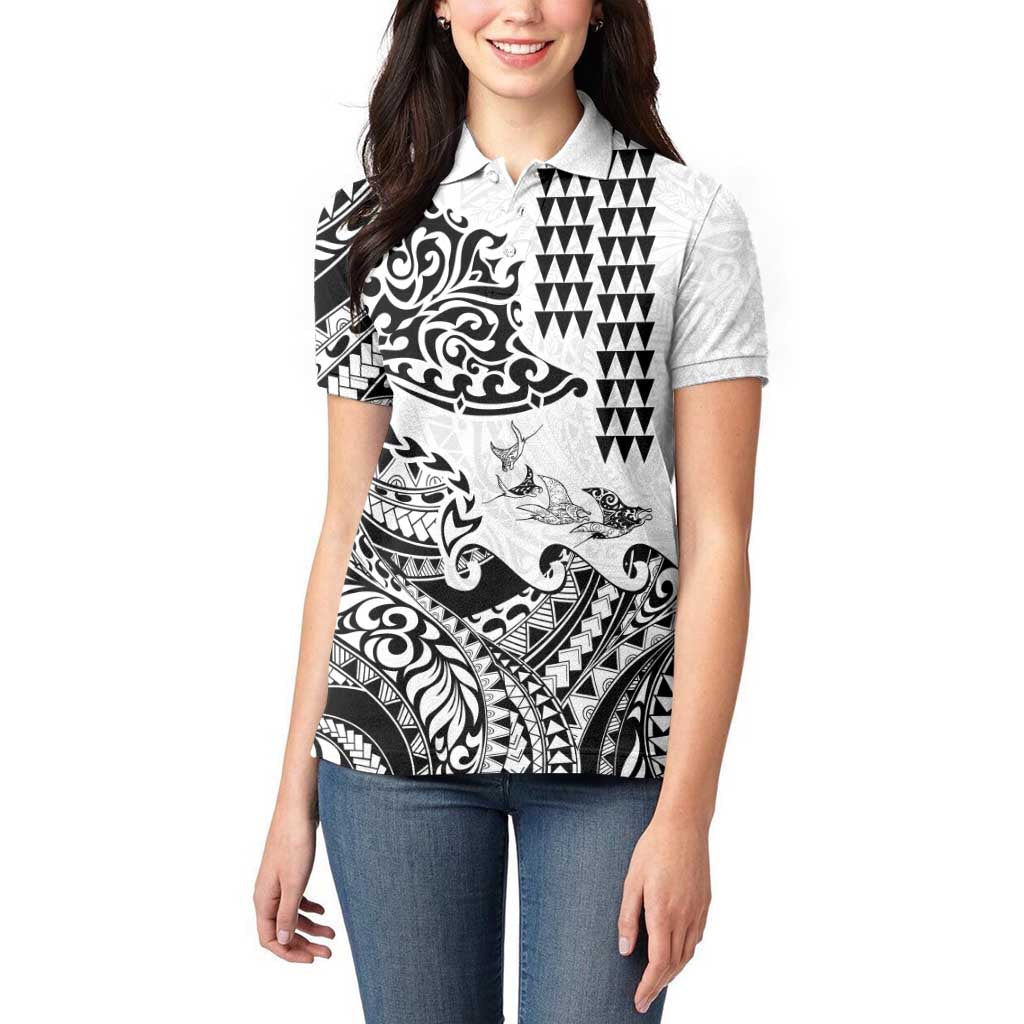 Hawaiian Tribal Manta Ray Women Polo Shirt Kakau Tattoo and Polynesian Art Motif Pattern