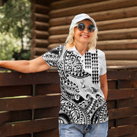 Hawaiian Tribal Manta Ray Women Polo Shirt Kakau Tattoo and Polynesian Art Motif Pattern