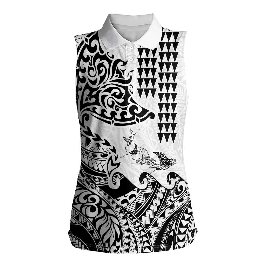 Hawaiian Tribal Manta Ray Women Sleeveless Polo Shirt Kakau Tattoo and Polynesian Art Motif Pattern