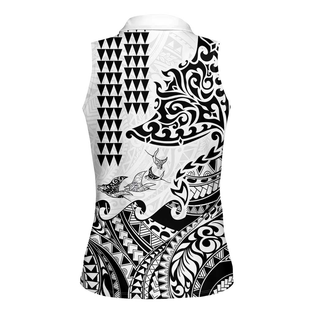 Hawaiian Tribal Manta Ray Women Sleeveless Polo Shirt Kakau Tattoo and Polynesian Art Motif Pattern