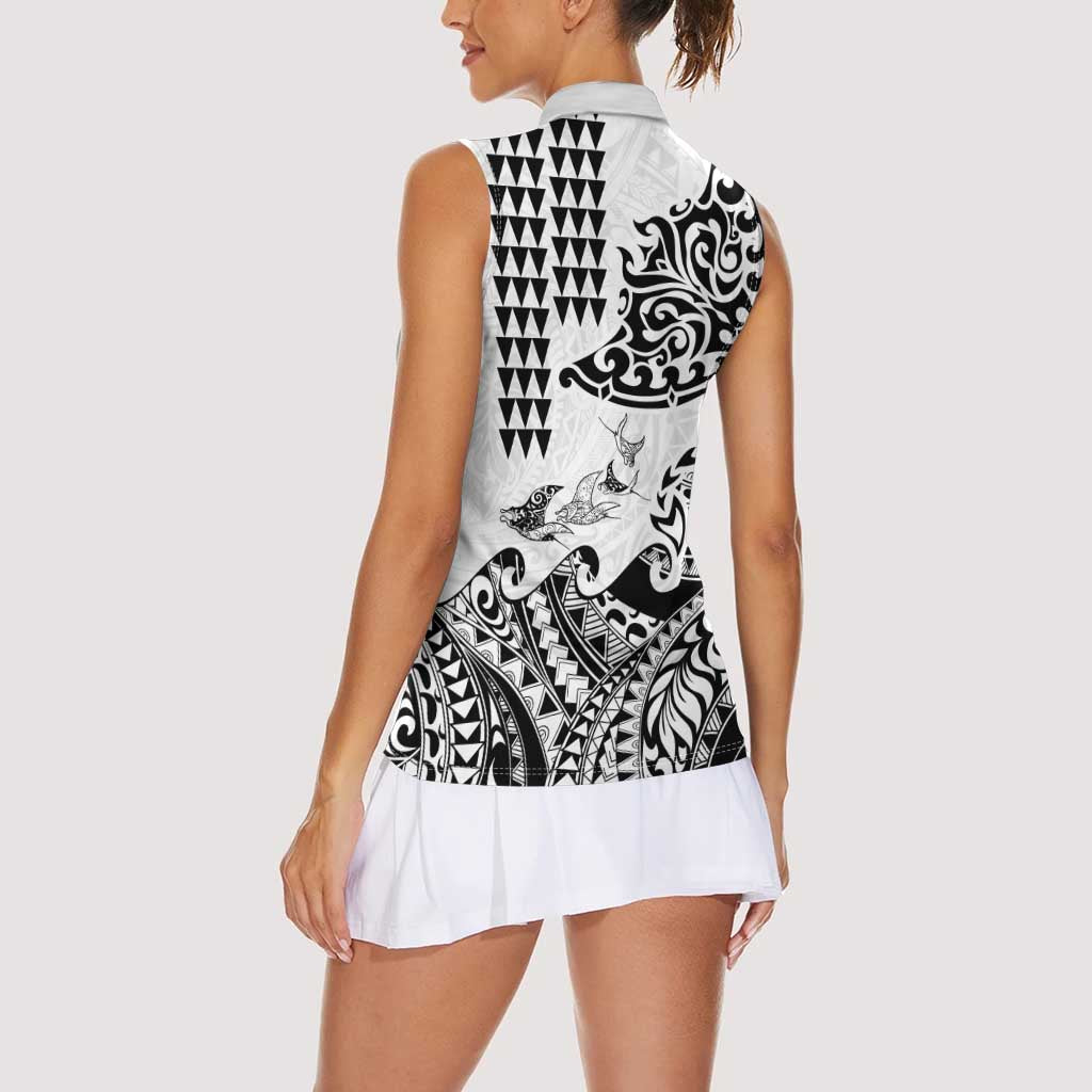 Hawaiian Tribal Manta Ray Women Sleeveless Polo Shirt Kakau Tattoo and Polynesian Art Motif Pattern