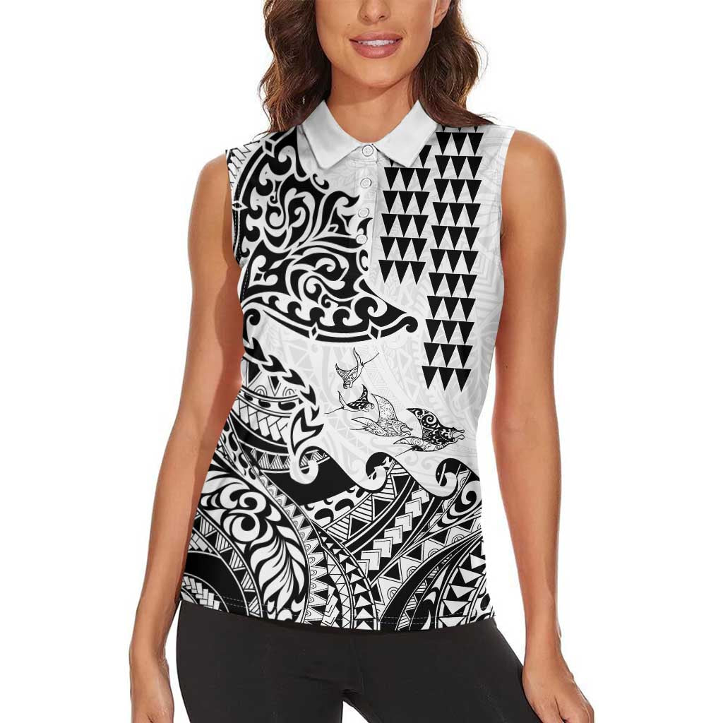Hawaiian Tribal Manta Ray Women Sleeveless Polo Shirt Kakau Tattoo and Polynesian Art Motif Pattern