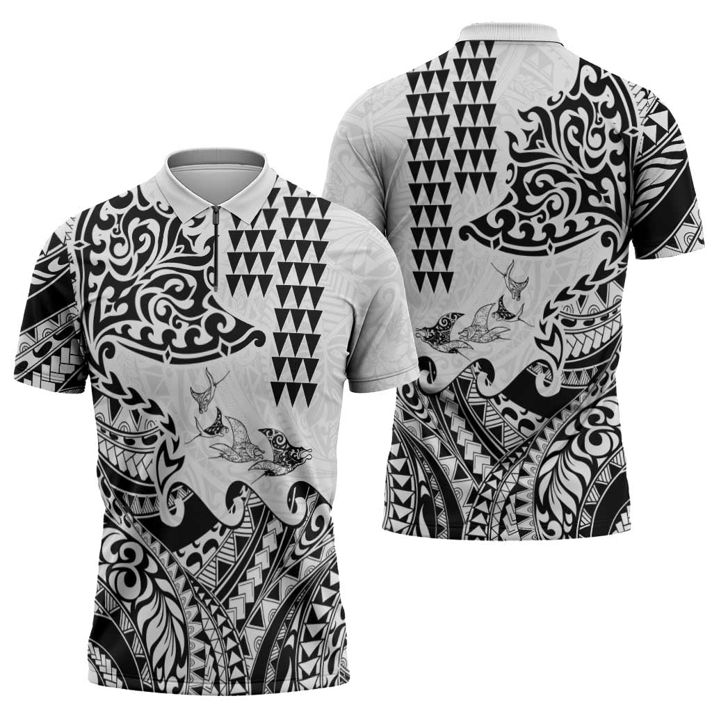 Hawaiian Tribal Manta Ray Zipper Polo Shirt Kakau Tattoo and Polynesian Art Motif Pattern