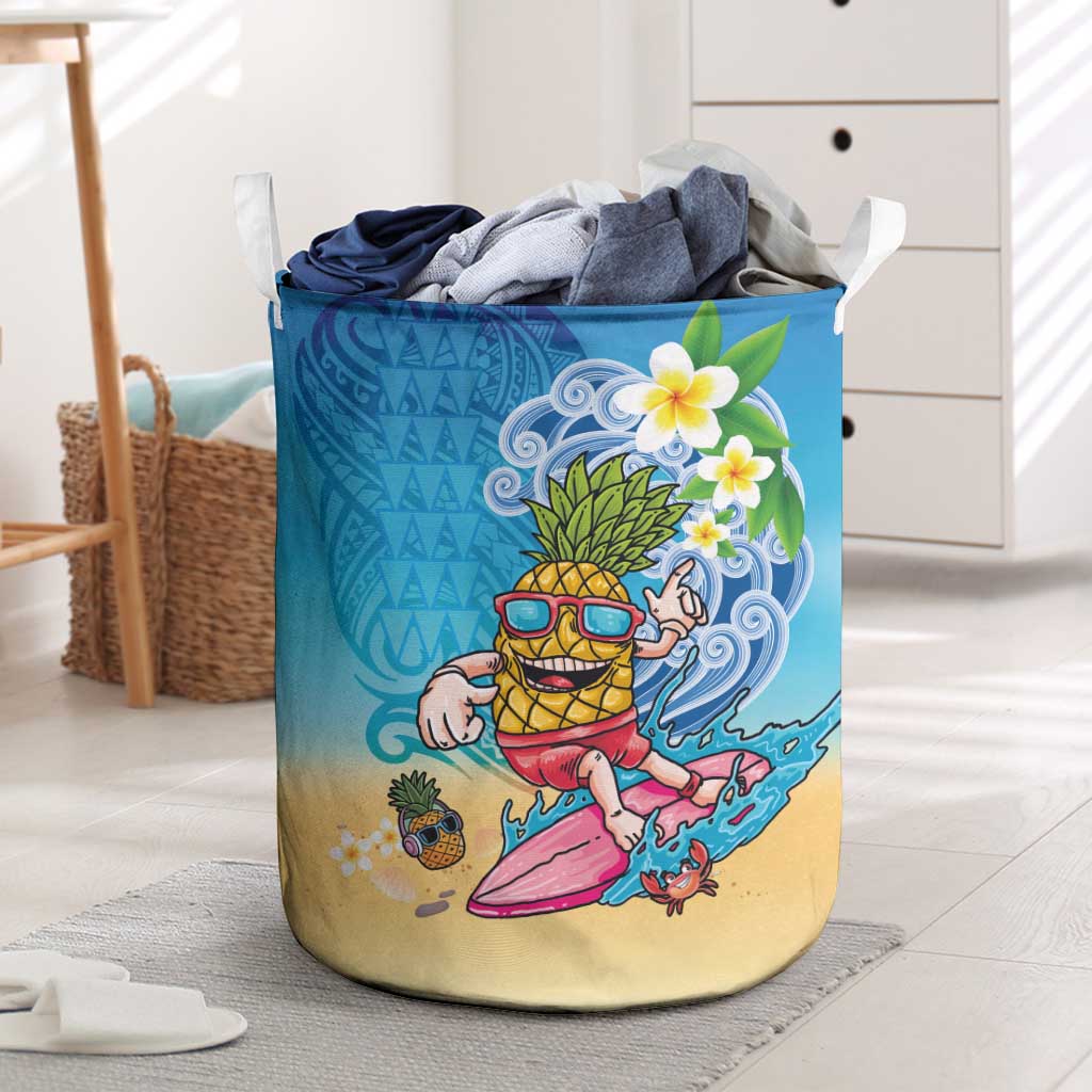 Hawaiian Funny Pineapple Surfing Laundry Basket Beach with Tribal Kakau and Plumeria