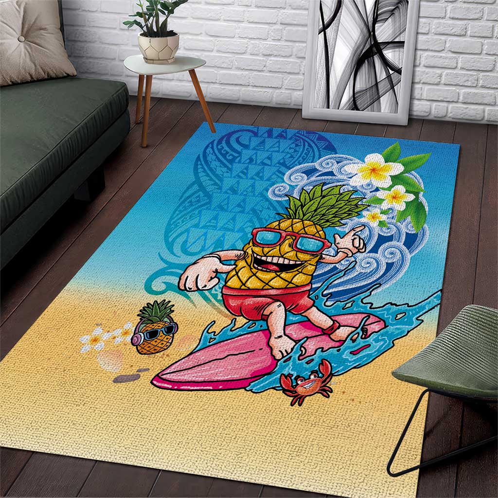 Hawaiian Funny Pineapple Surfing Area Rug Beach with Tribal Kakau and Plumeria LT03 Multicolor - Polynesian Pride