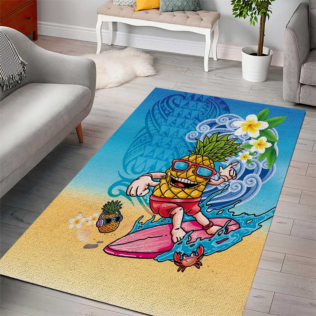 Hawaiian Funny Pineapple Surfing Area Rug Beach with Tribal Kakau and Plumeria LT03 - Polynesian Pride