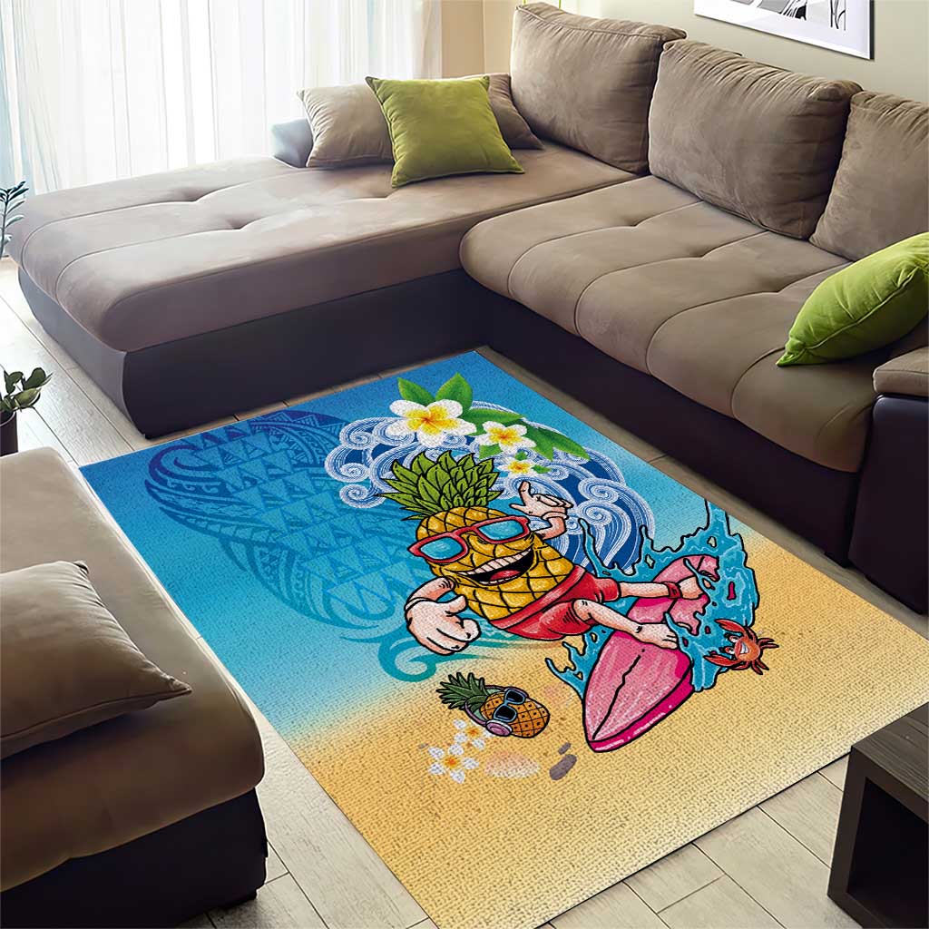 Hawaiian Funny Pineapple Surfing Area Rug Beach with Tribal Kakau and Plumeria LT03 - Polynesian Pride