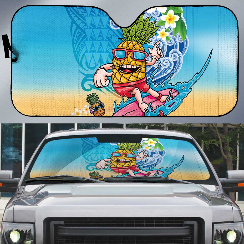 Hawaiian Funny Pineapple Surfing Auto Sun Shade Beach with Tribal Kakau and Plumeria