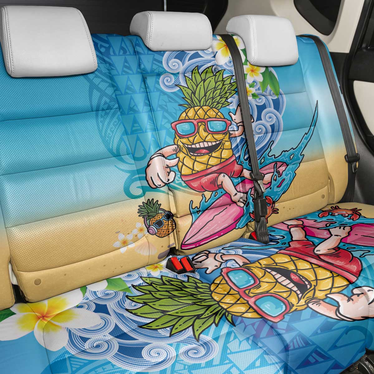 Hawaiian Funny Pineapple Surfing Back Car Seat Cover Beach with Tribal Kakau and Plumeria