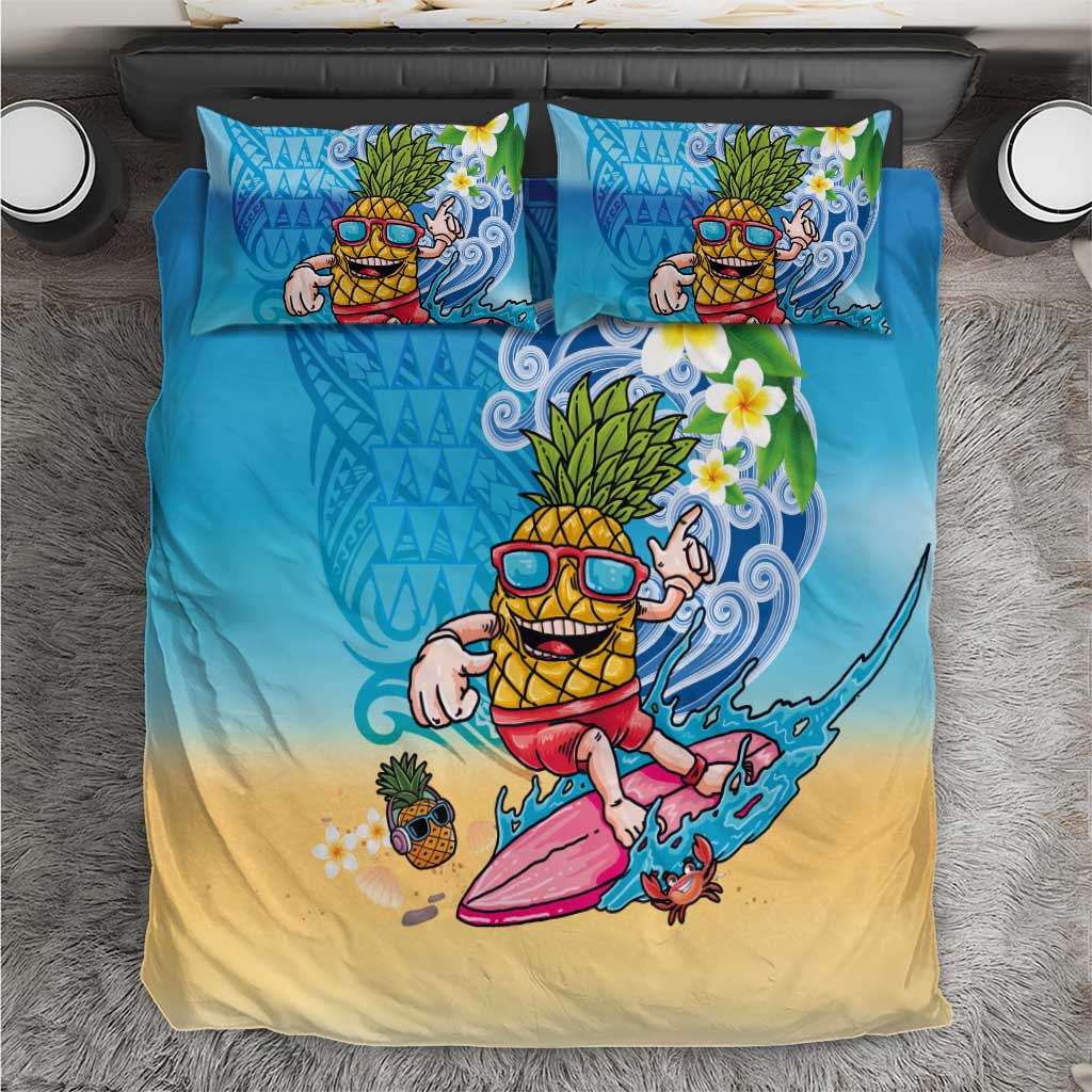 Hawaiian Funny Pineapple Surfing Bedding Set Beach with Tribal Kakau and Plumeria
