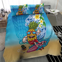 Hawaiian Funny Pineapple Surfing Bedding Set Beach with Tribal Kakau and Plumeria