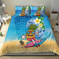 Hawaiian Funny Pineapple Surfing Bedding Set Beach with Tribal Kakau and Plumeria