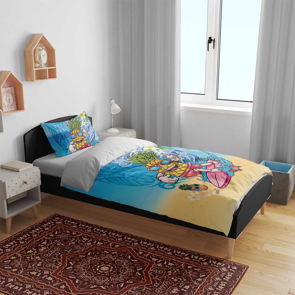 Hawaiian Funny Pineapple Surfing Bedding Set Beach with Tribal Kakau and Plumeria