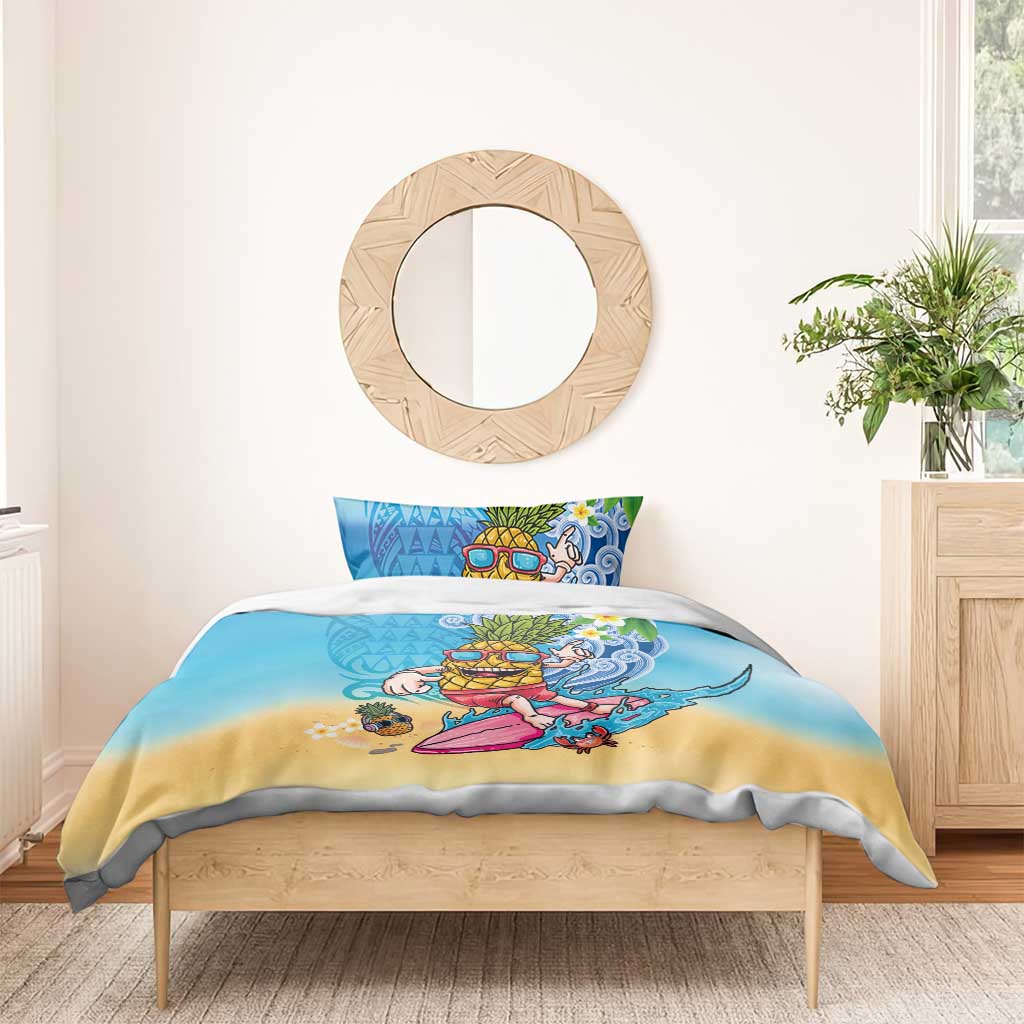 Hawaiian Funny Pineapple Surfing Bedding Set Beach with Tribal Kakau and Plumeria