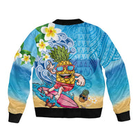 Hawaiian Funny Pineapple Surfing Bomber Jacket Beach with Tribal Kakau and Plumeria