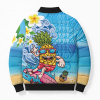Hawaiian Funny Pineapple Surfing Bomber Puffer Jacket Beach with Tribal Kakau and Plumeria