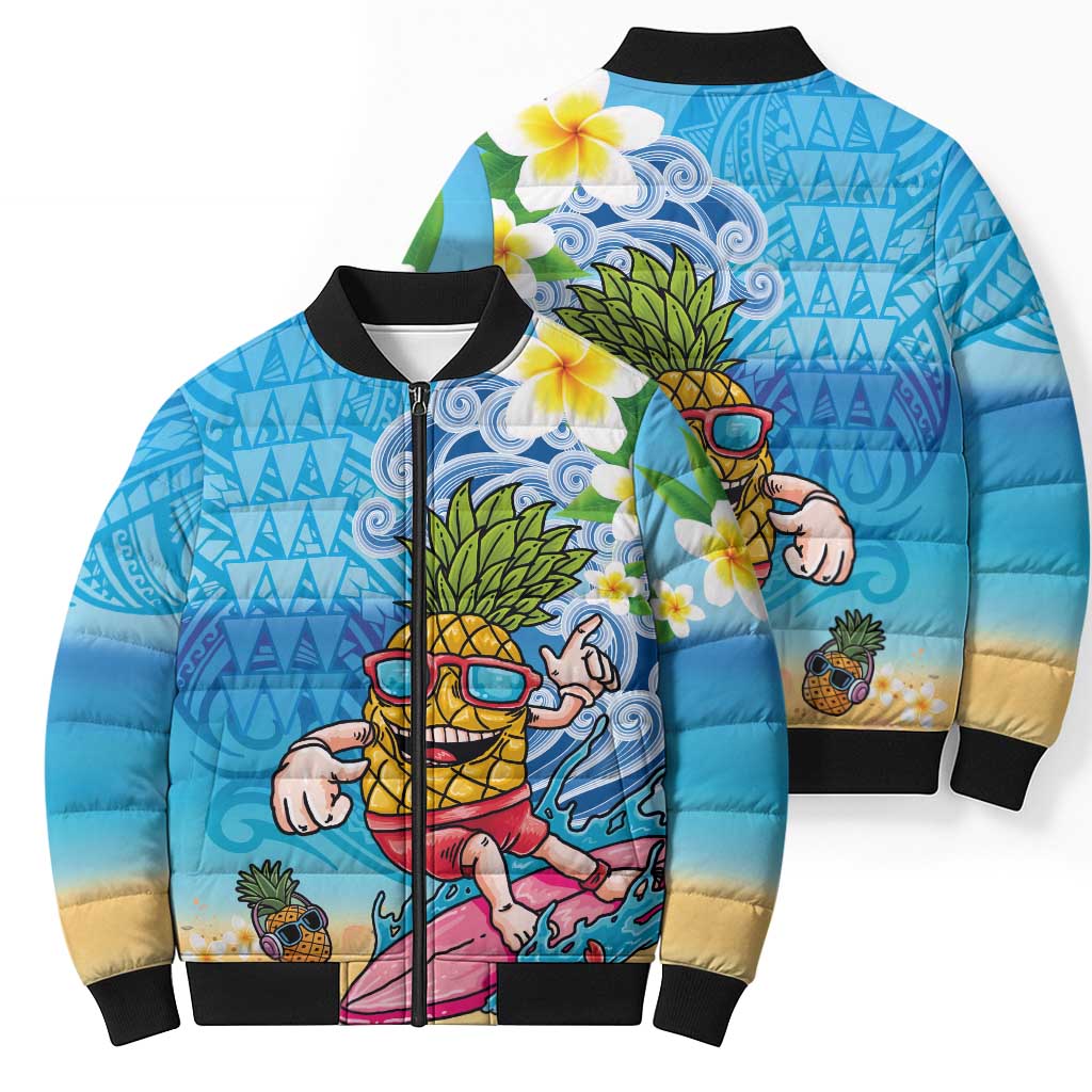 Hawaiian Funny Pineapple Surfing Bomber Puffer Jacket Beach with Tribal Kakau and Plumeria