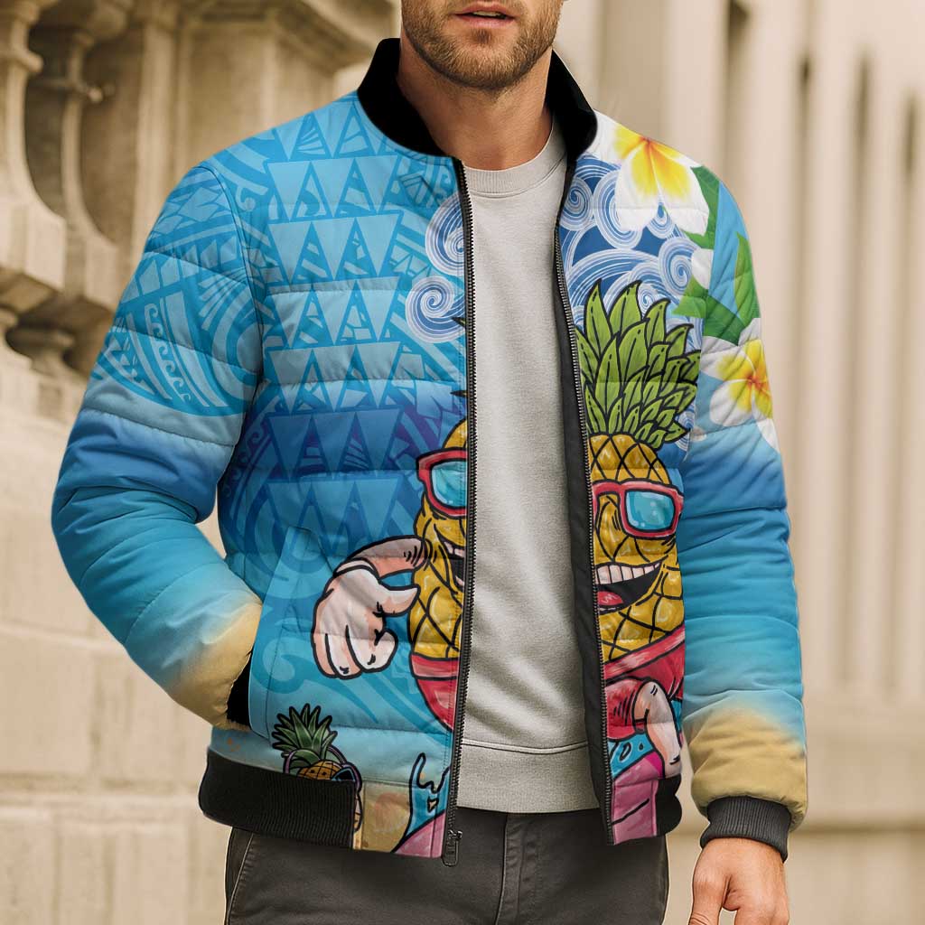 Hawaiian Funny Pineapple Surfing Bomber Puffer Jacket Beach with Tribal Kakau and Plumeria