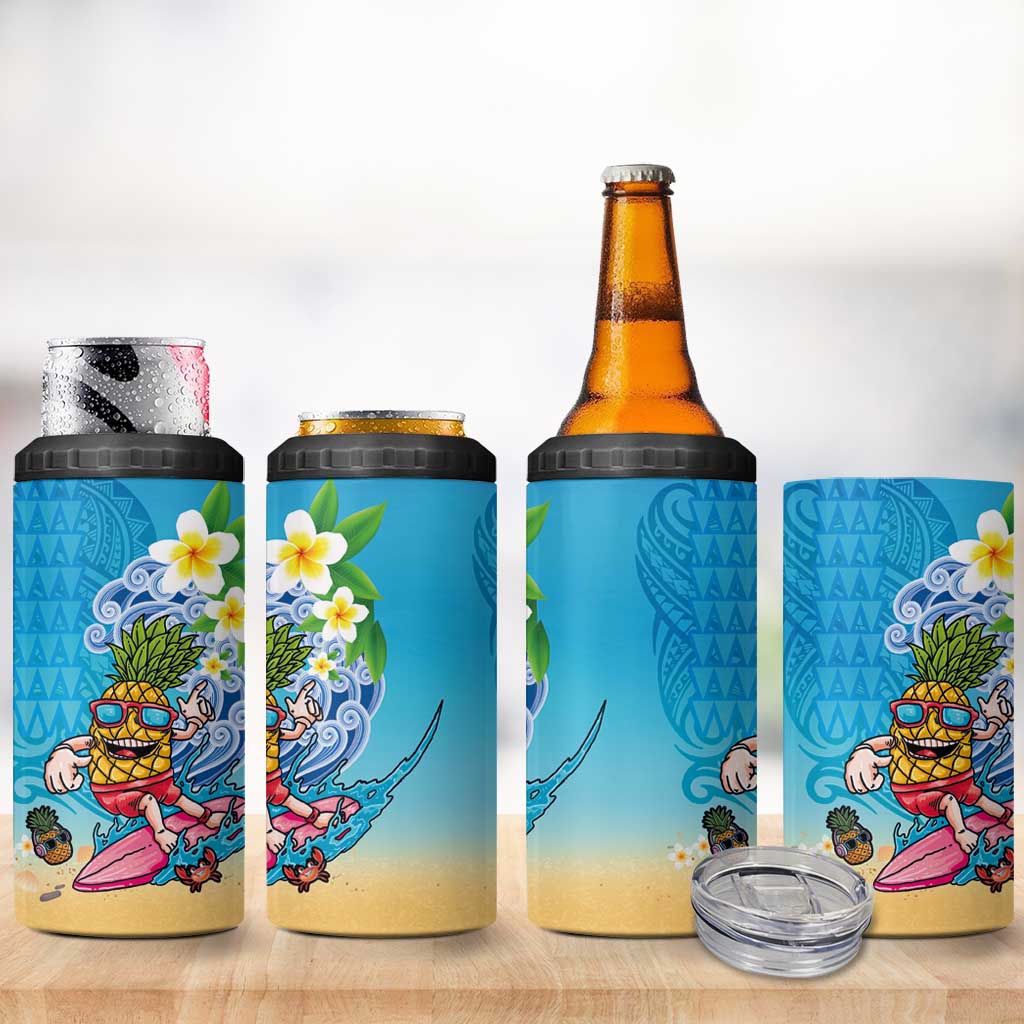 Hawaiian Funny Pineapple Surfing 4 in 1 Can Cooler Tumbler Beach with Tribal Kakau and Plumeria