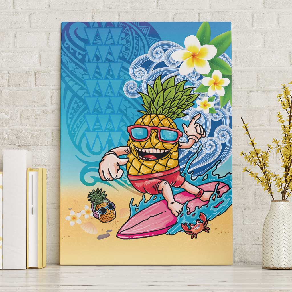 Hawaiian Funny Pineapple Surfing Canvas Wall Art Beach with Tribal Kakau and Plumeria LT03 Without Frame Multicolor - Polynesian Pride