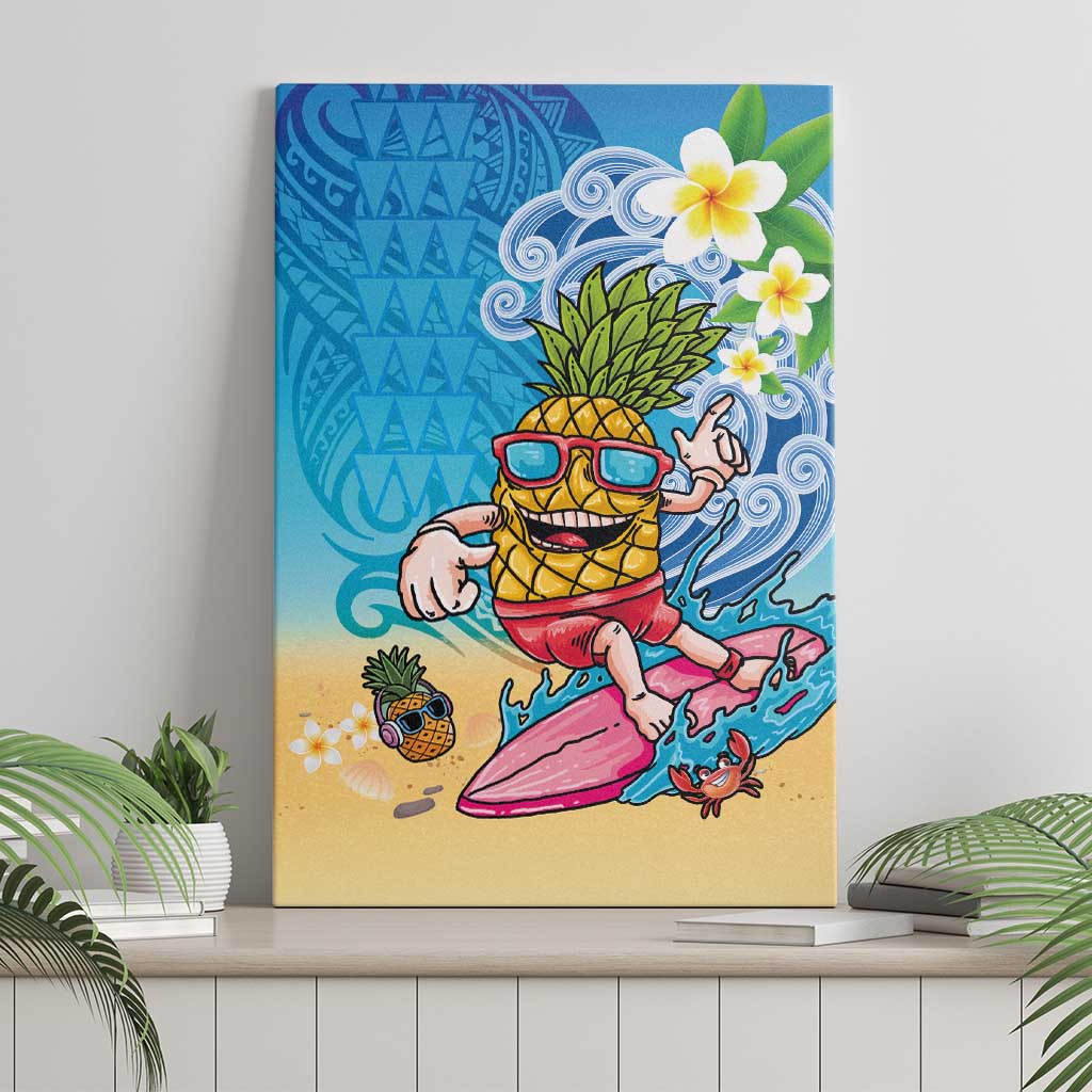 Hawaiian Funny Pineapple Surfing Canvas Wall Art Beach with Tribal Kakau and Plumeria LT03 - Polynesian Pride