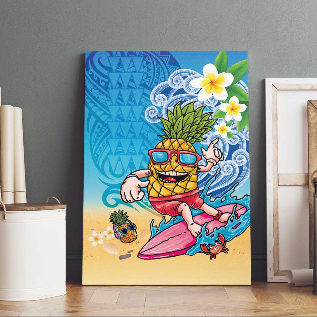 Hawaiian Funny Pineapple Surfing Canvas Wall Art Beach with Tribal Kakau and Plumeria LT03 - Polynesian Pride