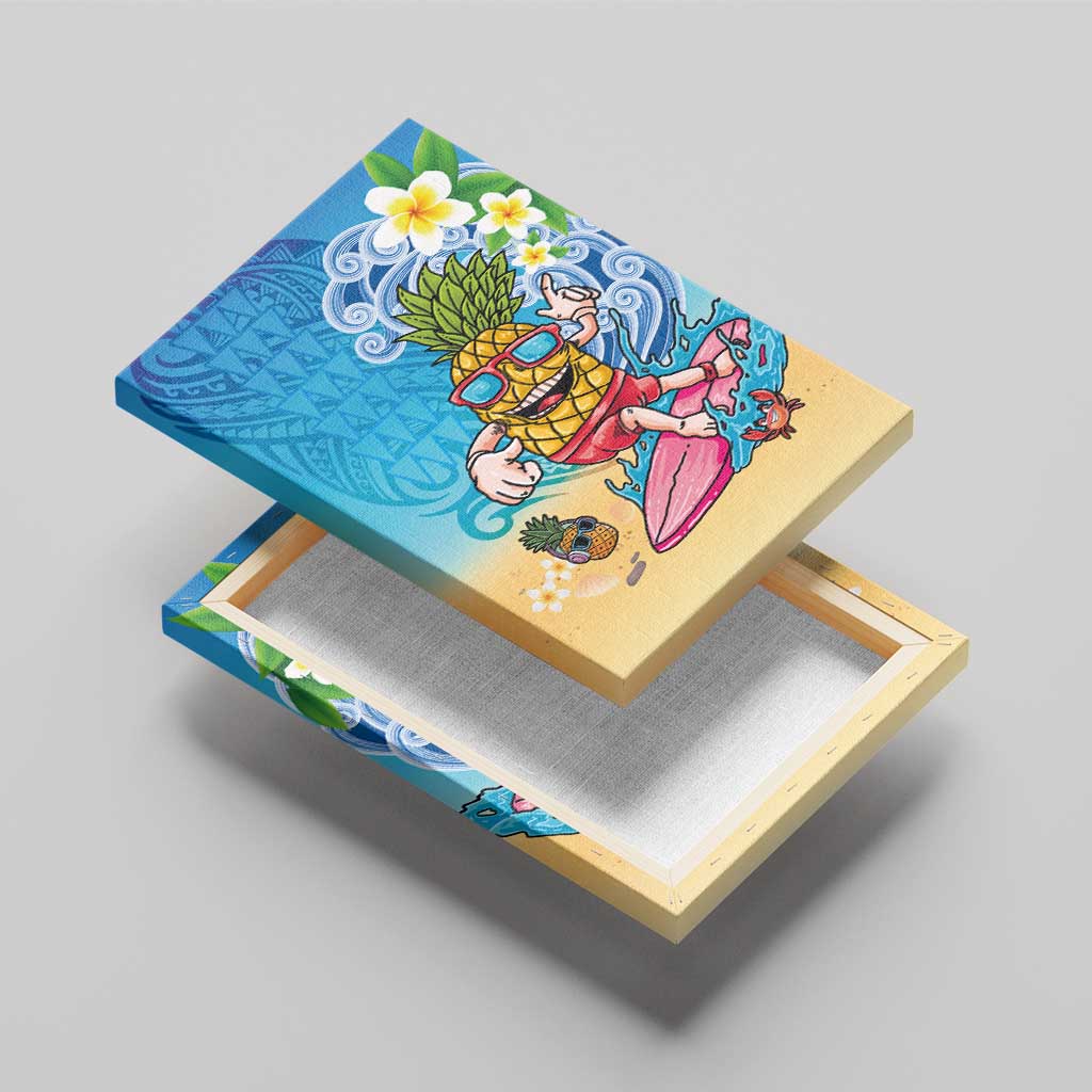 Hawaiian Funny Pineapple Surfing Canvas Wall Art Beach with Tribal Kakau and Plumeria LT03 - Polynesian Pride