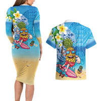 Hawaiian Funny Pineapple Surfing Couples Matching Long Sleeve Bodycon Dress and Hawaiian Shirt Beach with Tribal Kakau and Plumeria